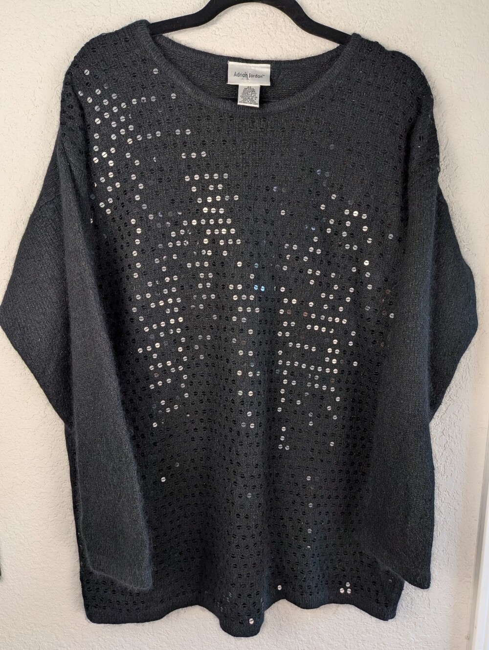 VTG 90's Adrian Jordan Silk Angora Sweater 2X Black Sequin Front Soft Cozy